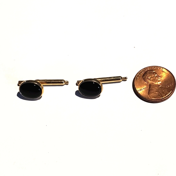 14K GOLD Small Black Oval Cufflinks Mens - Picture 2 of 5